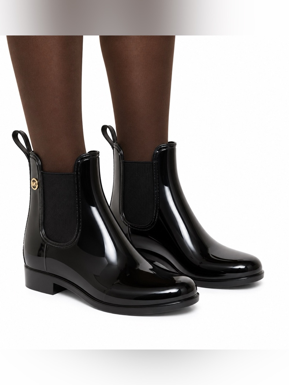 Michael Kors Charm Gore Black Patent Chelsea Rain Boots MK Ankle Bootie utility
